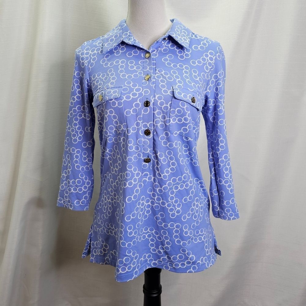 Elizabeth McKay Blue Circle Print Alexia Popover Top Size Small